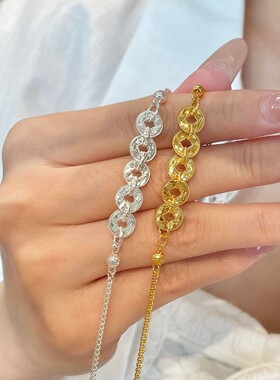 钱多多爆闪碎冰冰五帝铜钱币沙金手链招财进宝高级感轻奢小众手饰