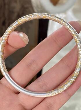 描金古法小招财猫吉言闭口实心镯子情侣圆棍手镯镀纯银不掉色手环