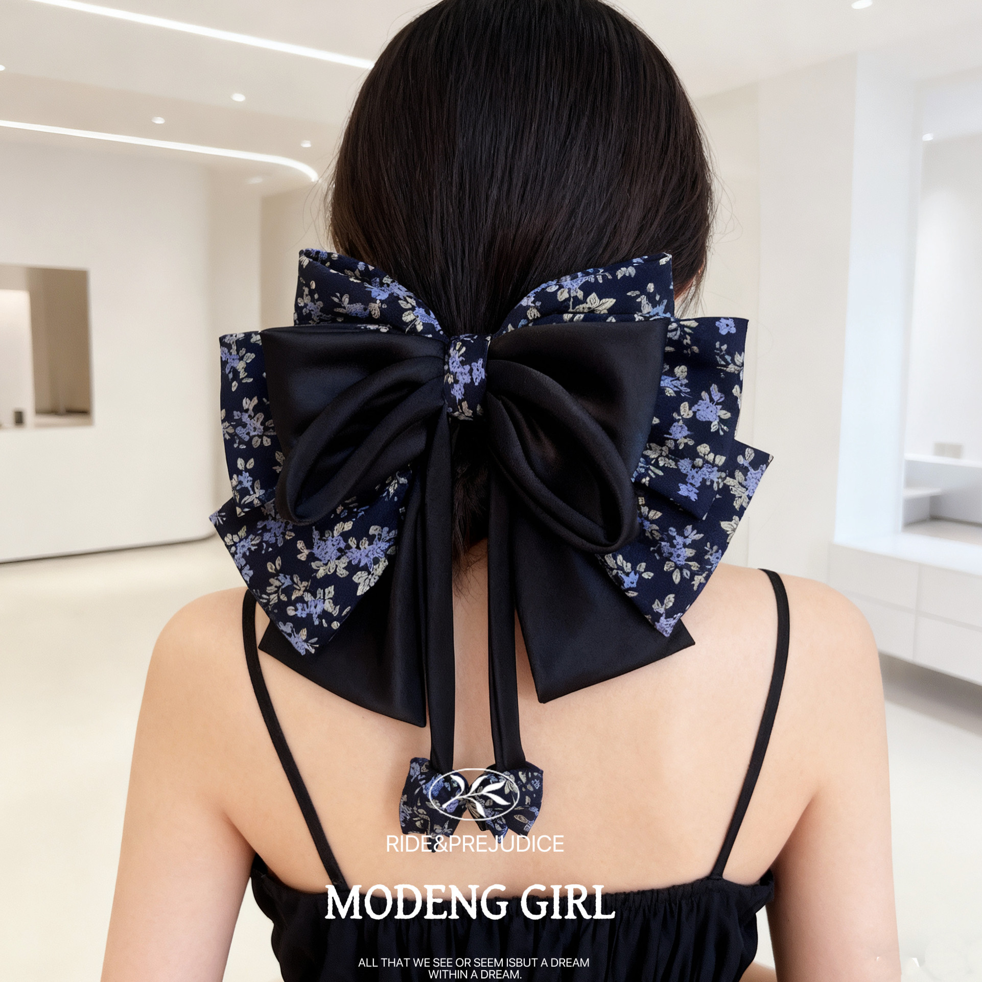 【智性美人】法式优雅~藏蓝碎花拼接大蝴蝶结弹簧夹后脑勺发饰