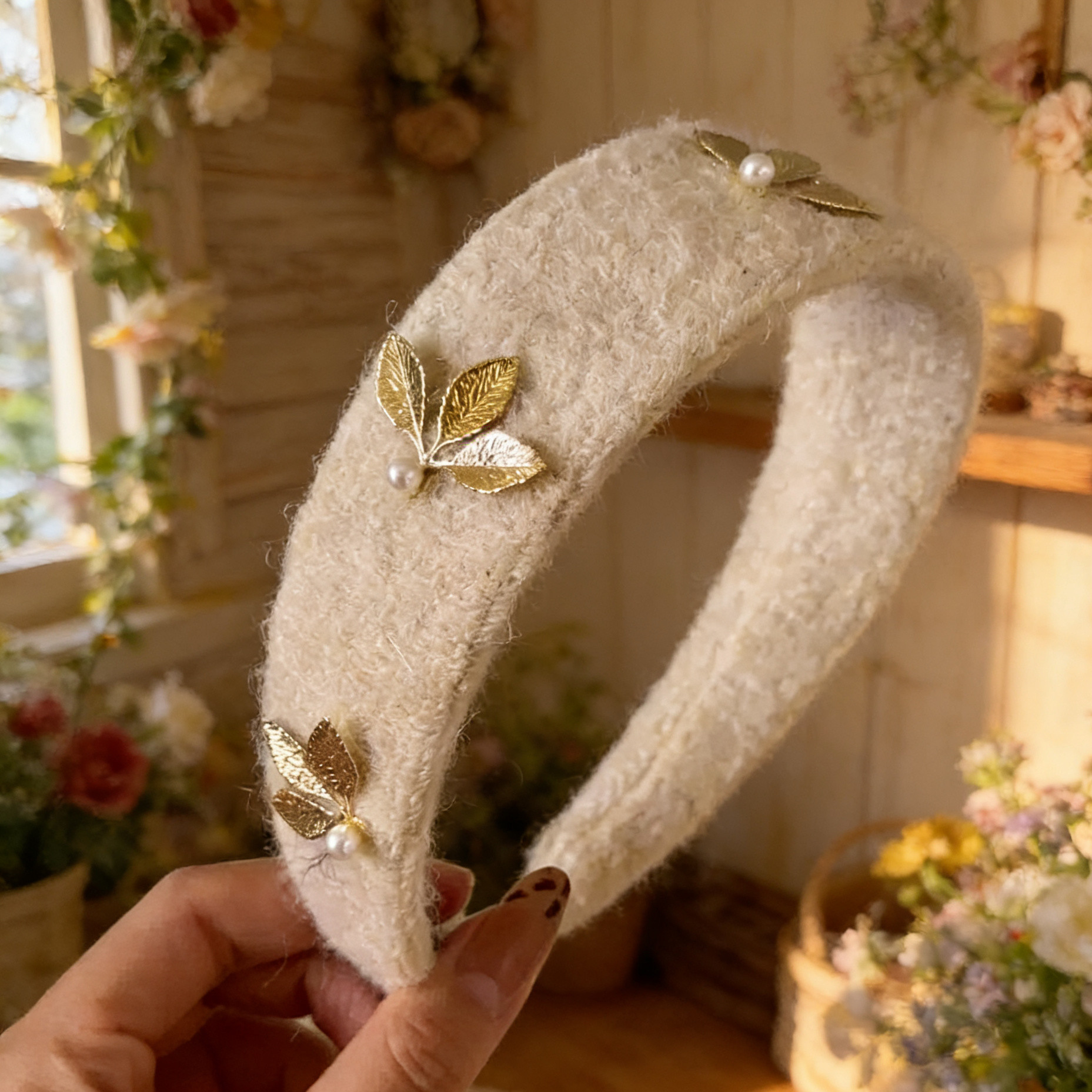 落叶珍珠~复古美拉德毛呢发箍女高级感洋气时尚头箍日常外戴发饰