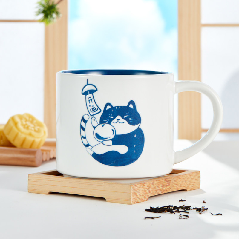 共禾京品可爱招财猫咪陶瓷马克杯情侣水杯大容量杯子恒温杯垫家用