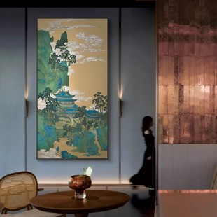 仙山楼阁新中式玄关装饰画绿水青山走廊过道挂画竖版书房茶室壁画
