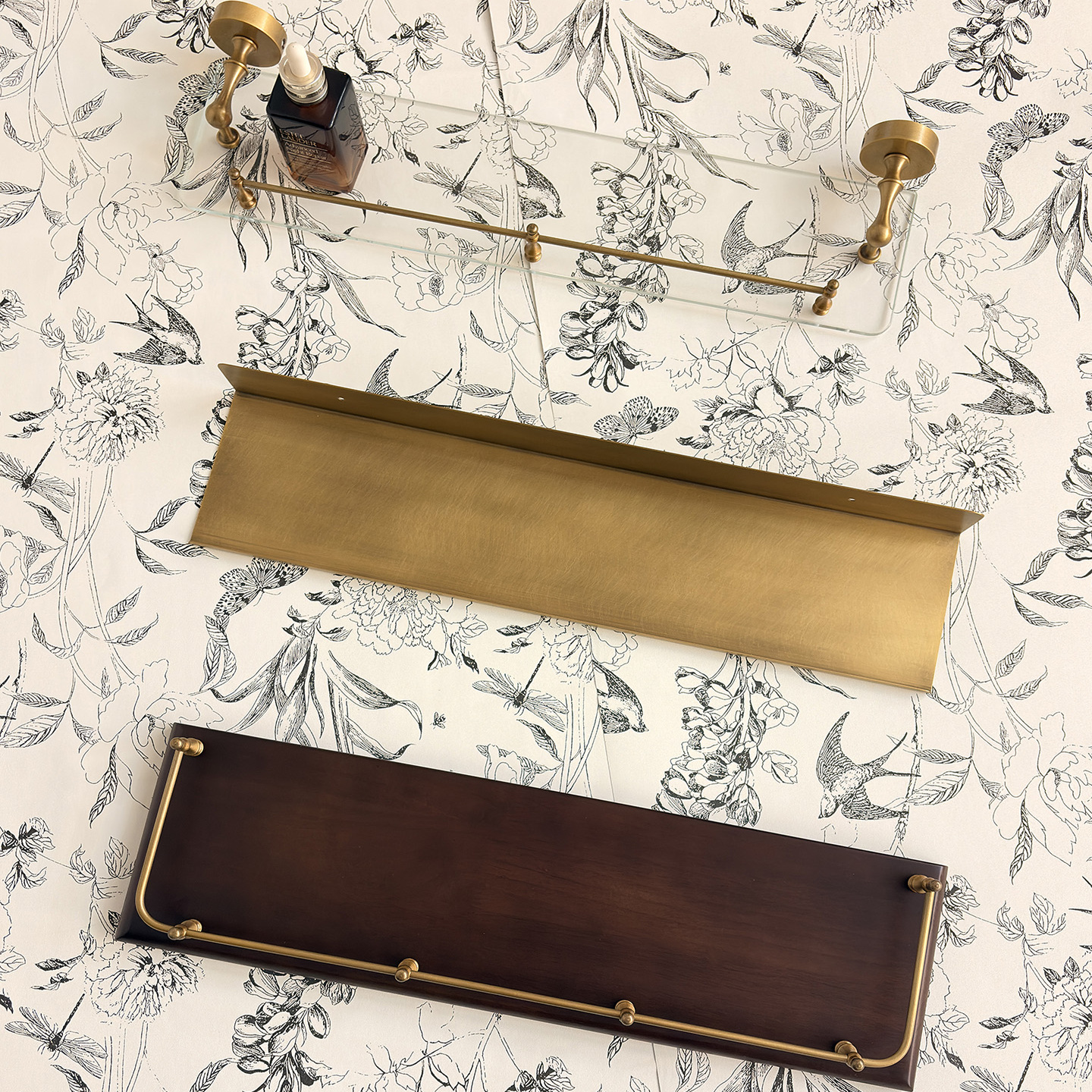 黄铜置物架浴室镜一字隔板壁挂书架客厅书房墙面上装饰橡木展示架