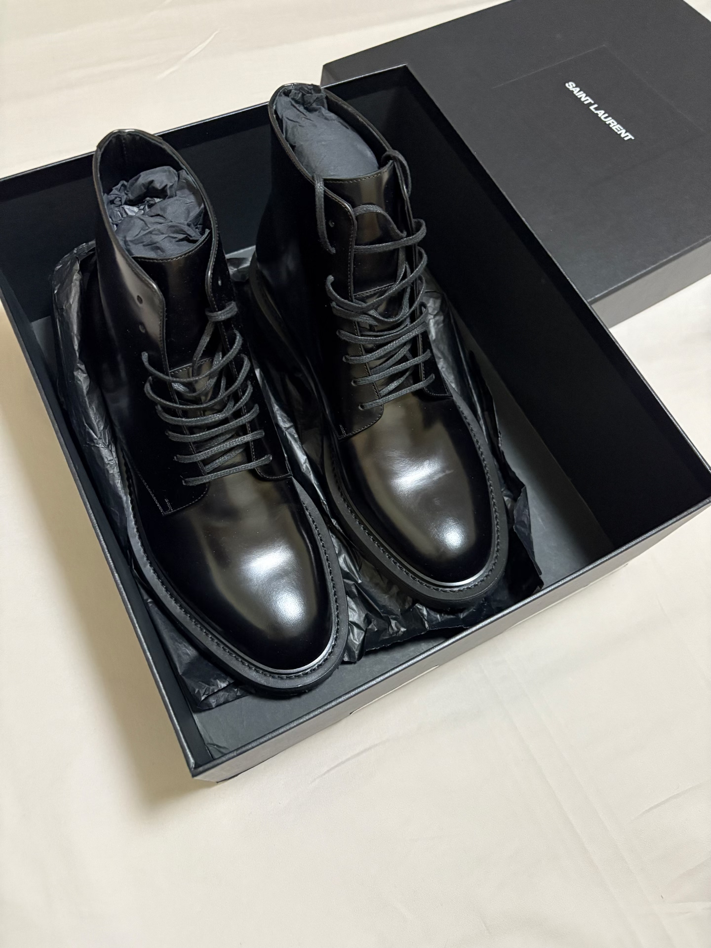 Saint Laurent Black Leather Lace-Up Short Boots — front