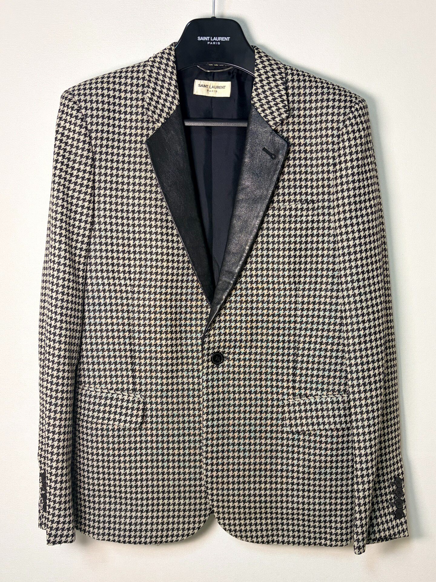 Saint Laurent Houndstooth Leather Collar Smoking Blazer