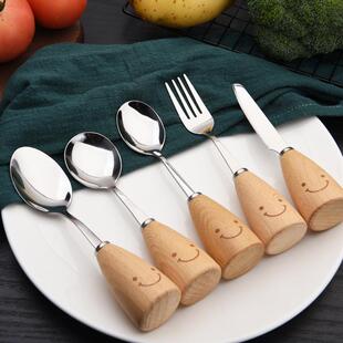 日式简约四件套餐具家用可爱笑脸木柄不锈钢水果刀叉勺子套装餐具