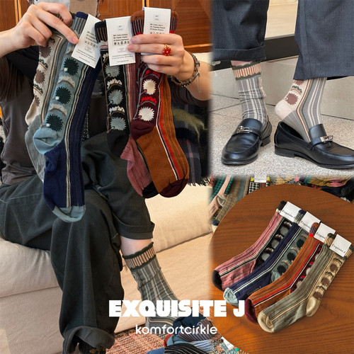Exquisite J 意大利品牌 CA63拼色拼接条纹中筒袜子