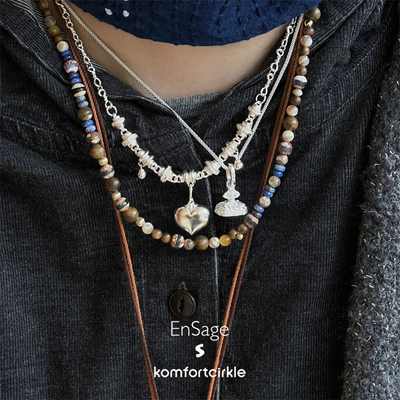 明星款 ENSAGE/APT702 925纯银心型雕刻印章吊坠项链双层蛇骨链