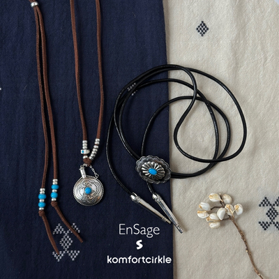 ENSAGE 图腾领绳银瓶吊坠长款项链 925银绿松石皮绳民族风毛衣链