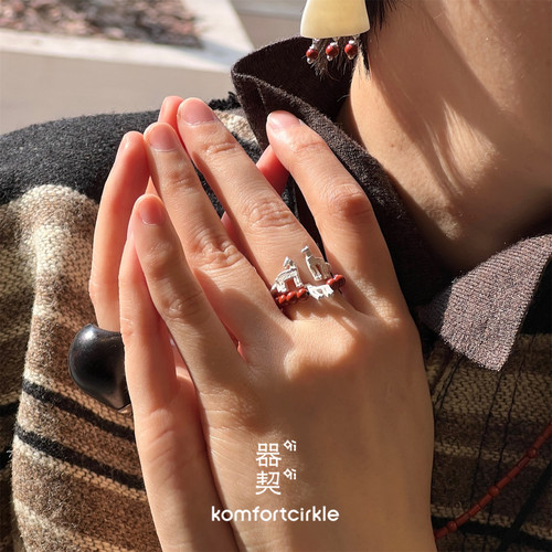 器契qiqi 黑檀木雕纯银蜜蜡开口指缝戒指 原创设计手工宽戒指环