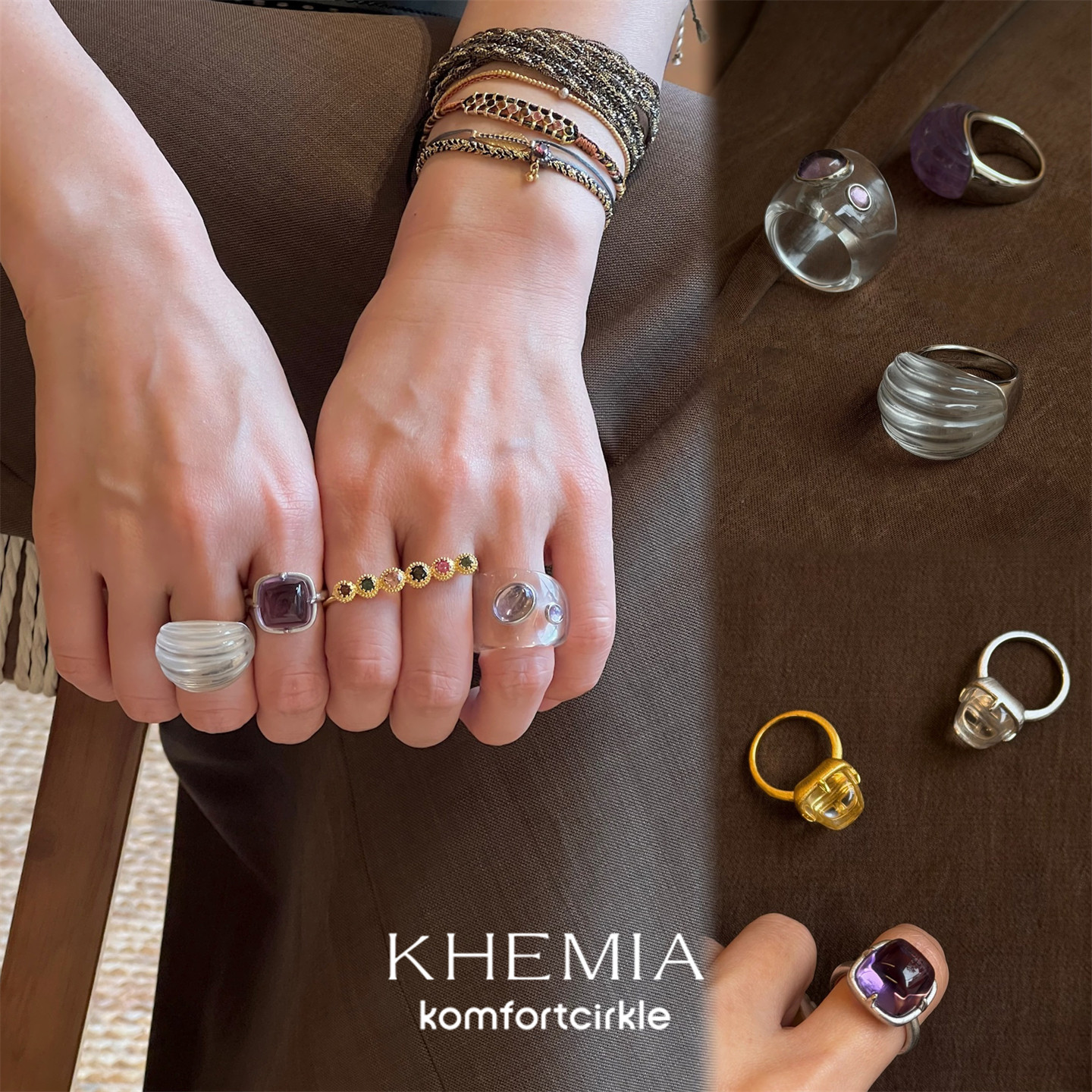 KHEMIA 天然白紫水晶戒指 原创设计轻奢简约金银托指环女叠搭礼物