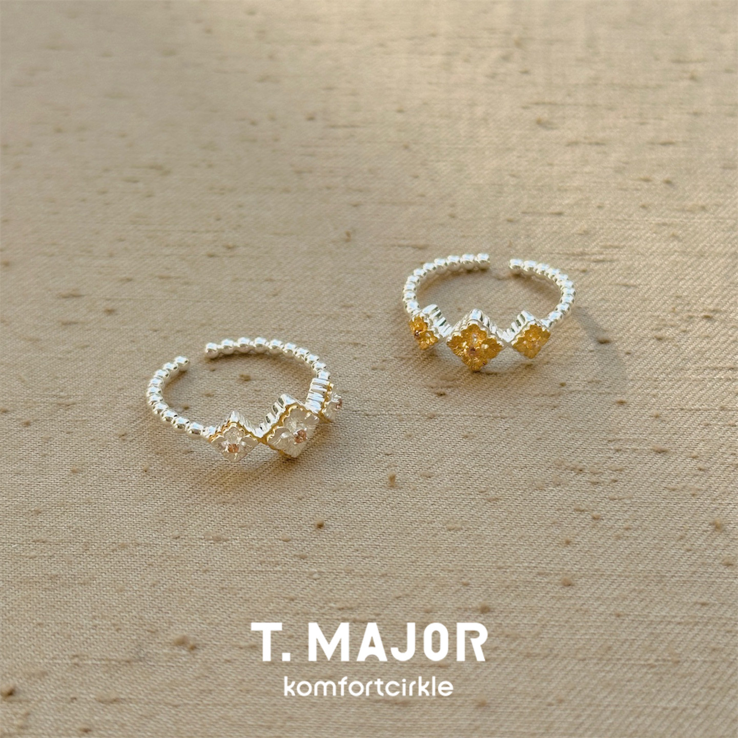 T.MAJOR Trilia花影双色开口戒指 925银锆石可调节指环女百搭图片