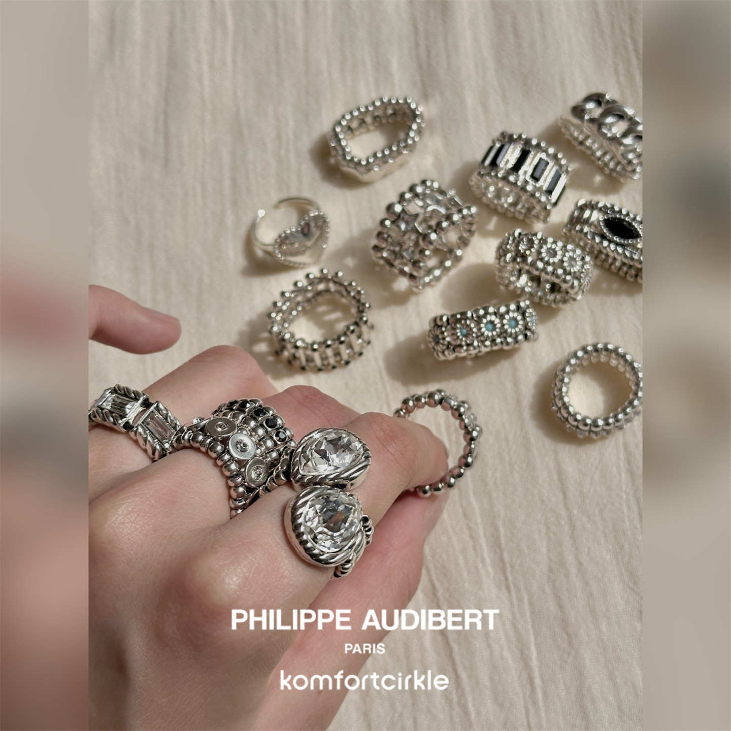 PHILIPPE AUDIBERT 弹力戒指 法国手工锡镀银小雏菊绿松石宽指环