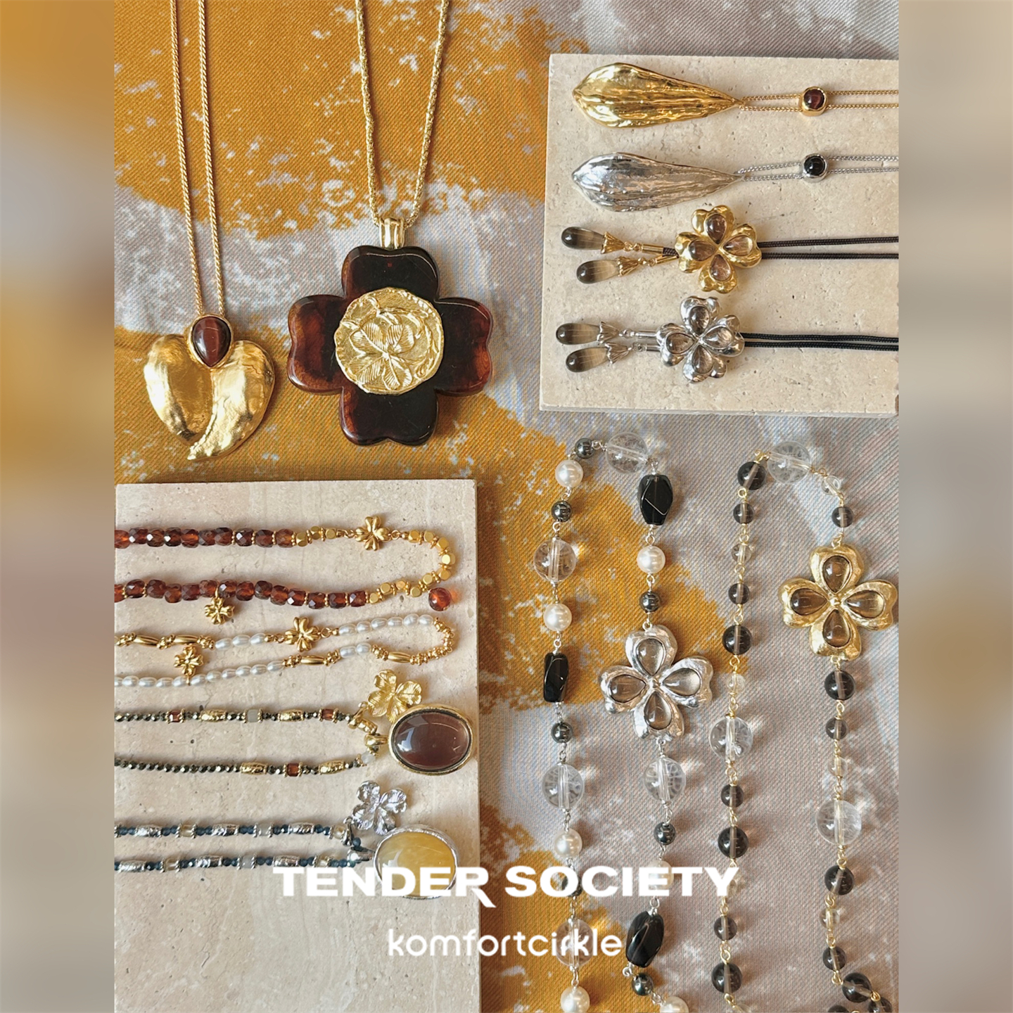 TENDER SOCIETY 四叶草串珠长项链金银时髦吊坠毛衣链造型叠戴