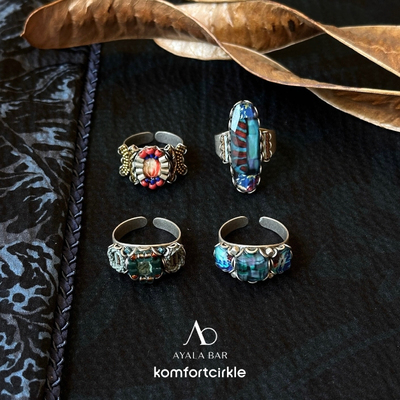 AYALA BAR 以色列品牌中古油画风玻璃古银色手工制作男女中性戒指