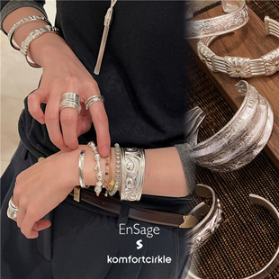 自留推荐 ENSAGE/APT702 纯银手工开口手镯袖口宽手环设计师小众