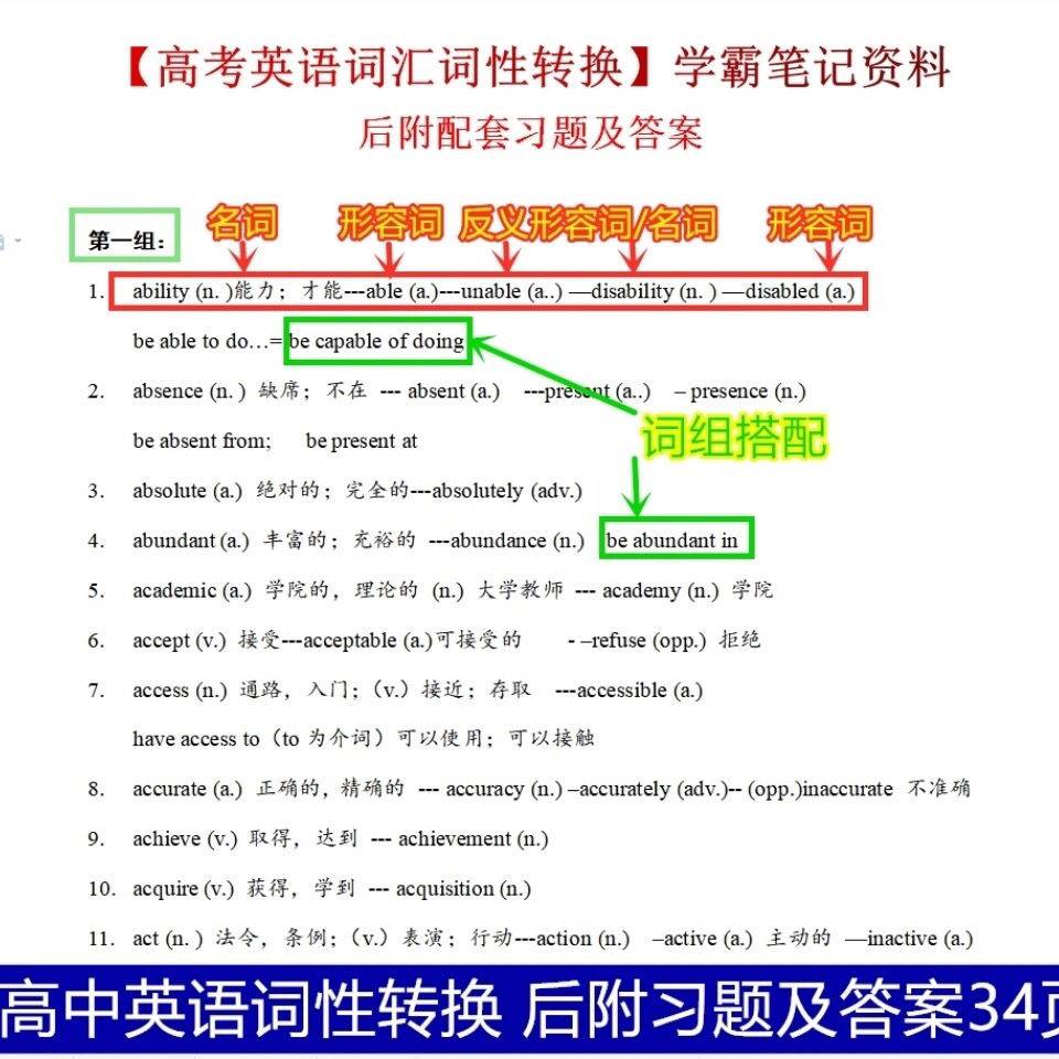 高中高考英语词性转换 文理科高学霸笔记配套练习题和答案课业本
