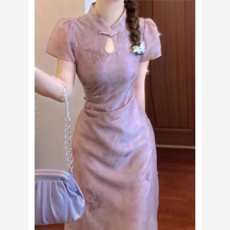 大码胖妹妹改良旗袍紫色连衣裙女夏季多巴胺气质高级感收腰包臀裙