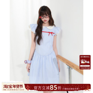 ECHOSTA/“续写童话”夏新款蓝格子红色蝴蝶结小飞袖中长款连衣裙