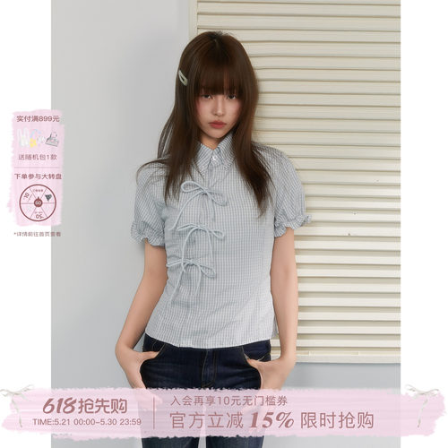 ECHOSTA春夏绑带系带格子短袖衬衫收腰泡泡袖显瘦上衣学院风