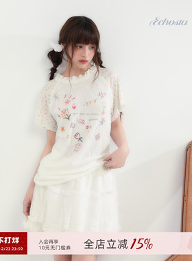 ECHOSTA /“少女心事”碎花圆领红小图案插肩袖T恤手绘印花短袖女