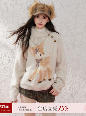 ECHOSTA小鹿提花毛衣设计软糯毛衫可爱羊毛马海毛休闲毛线衣