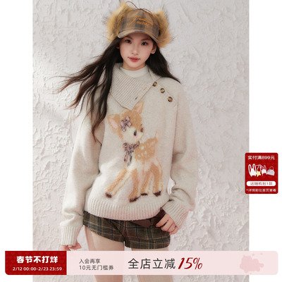 圣诞小鹿提花毛衣爱羊毛马海毛