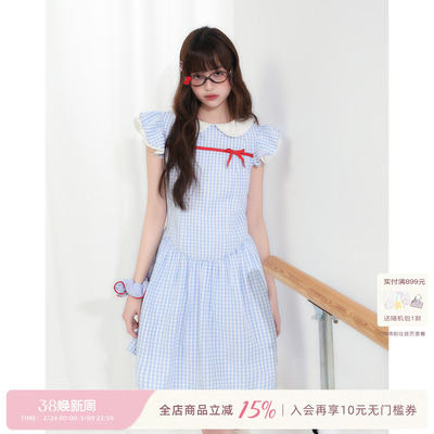 ECHOSTA/“续写童话”夏新款蓝格子红色蝴蝶结小飞袖中长款连衣裙