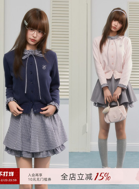 ECHOSTA木耳花边蝴蝶结长袖格纹拼接开衫外套蓬蓬短裙休闲套装