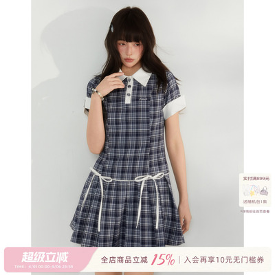 ECHOSTA“海盐序章”黑蓝格纹衬衫领A字收腰短袖连衣裙显瘦女夏