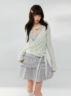 ECHOSTA“青提夏日”交叉绑带针织镂空罩衫上衣灰波点连衣裙套装