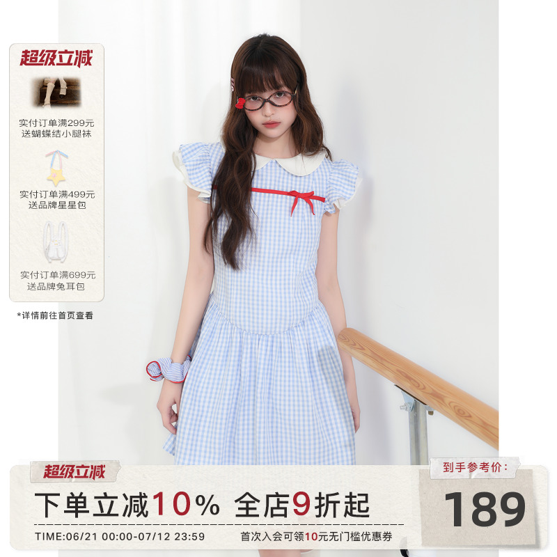 ECHOSTA/“续写童话”夏新款蓝格子红色蝴蝶结小飞袖中长款连衣裙