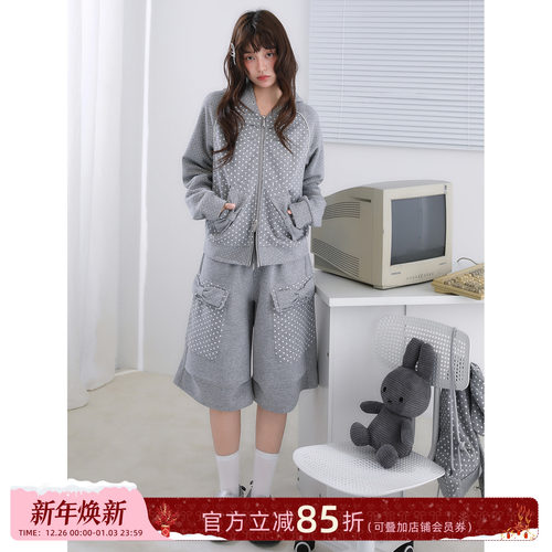 ECHOSTA灰色波点卫衣外套七分裤套装韩系亚萌蝴蝶结设计感原创