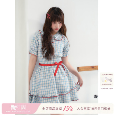 ECHOSTA /“雾莓樱酪”娃娃领蓝色格子红色蝴蝶结收腰双层蛋糕裙