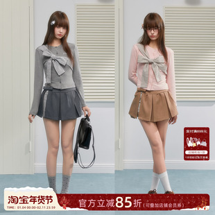 ECHOSTA蝴蝶结格子绑带春长袖开衫上衣外套短裙格子假两件套装