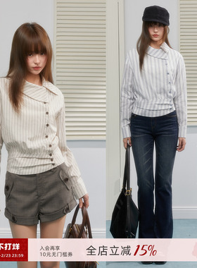 ECHOSTA不规则翻领条纹收腰衬衫斜门襟腰封打褶长袖上衣春