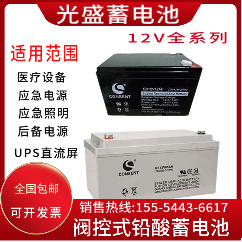光盛蓄电池GS-12V7AH12A17A20A24A38A65A100AH消防应急UPS电源EPS