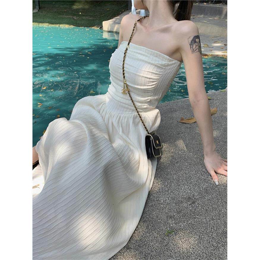 法式抹胸一字肩连衣裙女夏季辣妹纯欲裙子小个子显高收腰气质长裙
