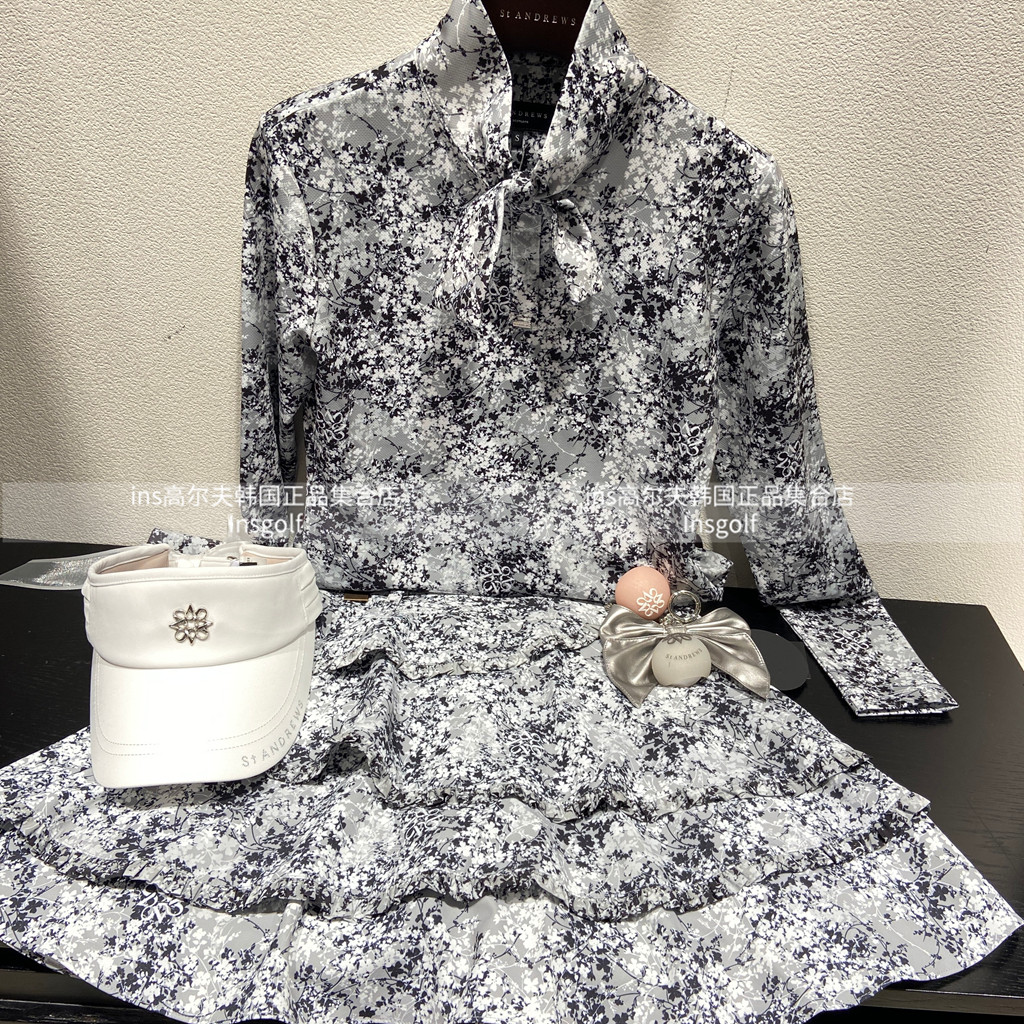 St andrews高尔夫球服套装25秋冬新款女立领配色长袖T恤百褶短裙