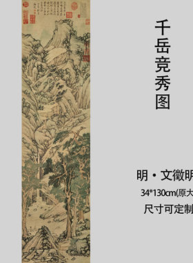 明文徵明千岳竞秀图玄关装饰画挂画水墨风景山水画临摹高清微喷