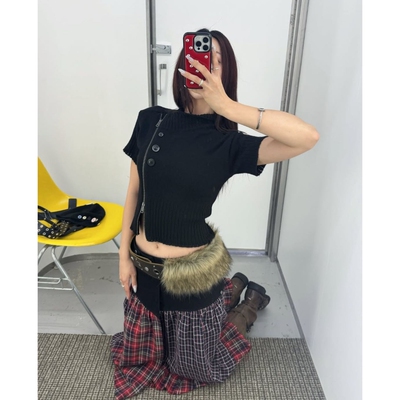 若若韩国正品代购vacant设计师侧拉链短款针织短袖上衣衬衫套装