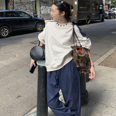 若若韩国正品代购Dearest25秋冬宽松拼色字母卫衣外套女圆领内搭