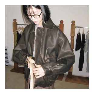 若若韩代正品直邮grove26春季复古皮衣夹克外套上衣做旧擦色飞行