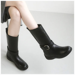 若若韩代正品直邮设计师品牌khiho靴子25新款牛皮中筒靴骑士靴