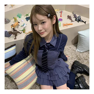 若若韩代正品直邮grove新款格子蛋糕短裙吊带格子衬衫女套装长袖