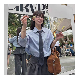 若若韩代正品直邮grove26春季新款宽松条纹衬衫女领带上衣法长袖