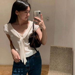 若若韩国正品代购直邮kindersalmon气质飘带衬衫短袖设计师品牌