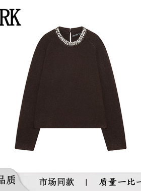 ZA自制欧美风 春季外贸新款女装 长袖圆领珠宝串珠领针织衫392004