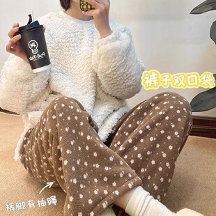 条纹长裤冬季秋冬珊瑚绒碎花睡裤保暖舒适可外穿家居裤雪粒绒加厚