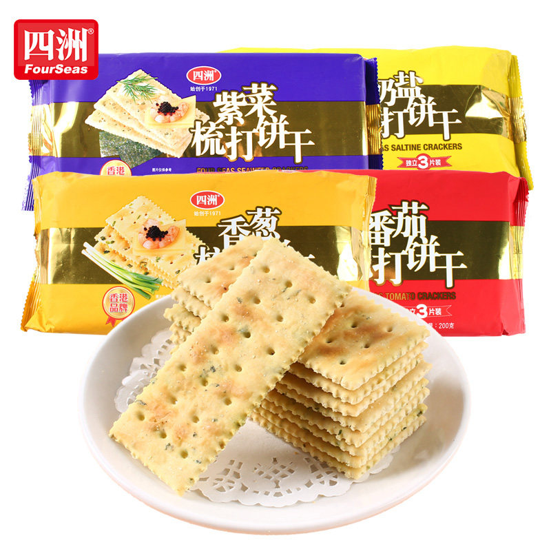 四洲苏打梳打饼200g*3包香葱奶盐海苔番茄味苏打饼干休闲零食品